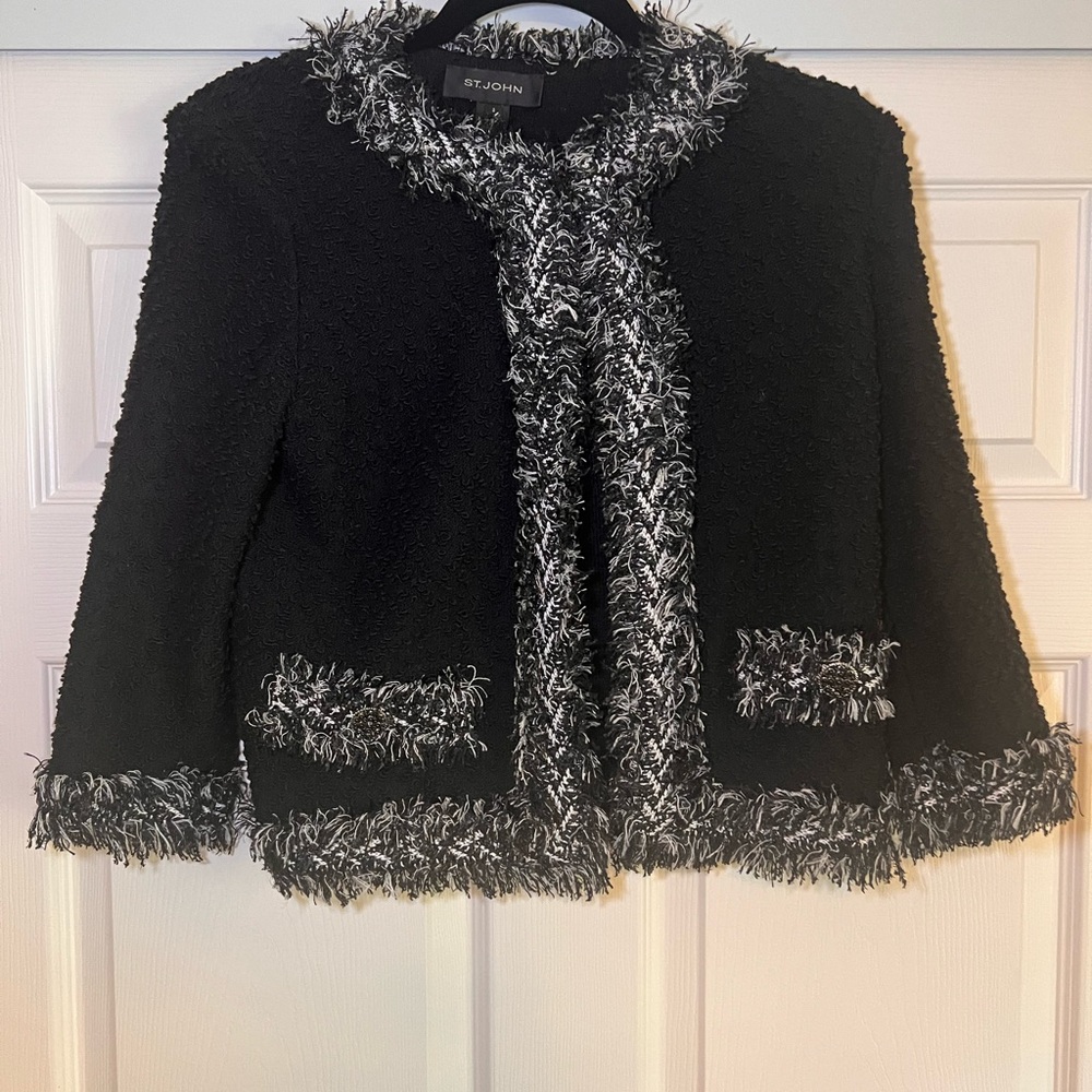 St. John Black and White Textured Wool Fringe Jacket & Skirt Set